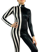 Person wearing the Black and White Split Fabric Catsuit Jumpsuit with full sleeves and turtleneck, featuring bold vertical stripes on one side for a striking look.