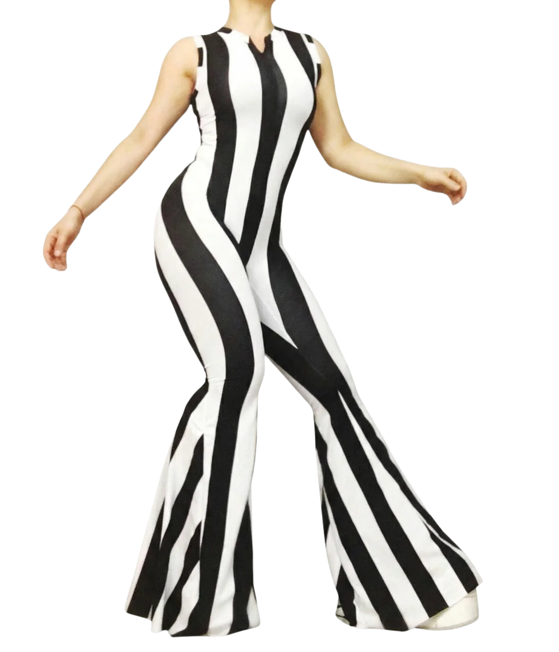 Someone is wearing a sleeveless Black and White Stripes Bell Bottom Catsuit with a front zipper, inspired by Beetlejuice.