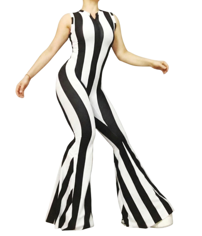 Someone is wearing a sleeveless Black and White Stripes Bell Bottom Catsuit with a front zipper, inspired by Beetlejuice.
