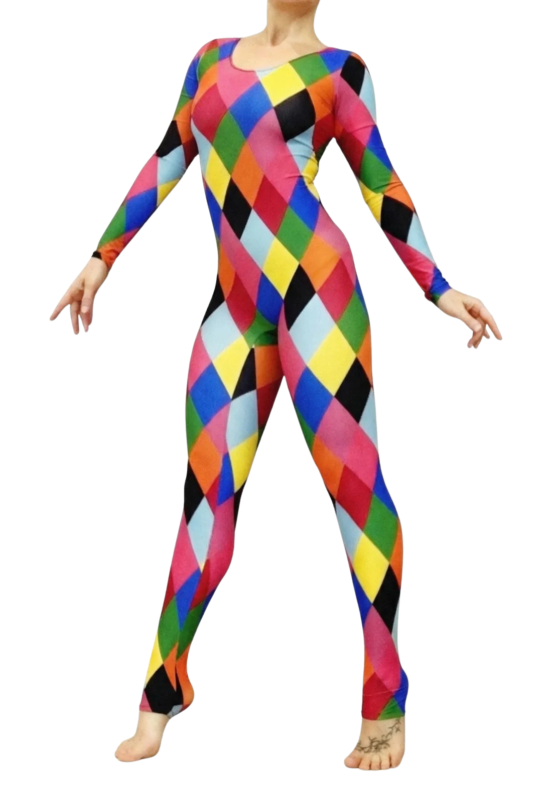 Barefoot model with arms extended highlights the unisex Multicolor Catsuit, featuring a scoop neck, full sleeves, and a vibrant harlequin diamond pattern.