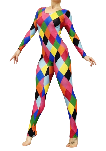 Barefoot model with arms extended highlights the unisex Multicolor Catsuit, featuring a scoop neck, full sleeves, and a vibrant harlequin diamond pattern.