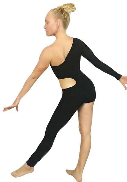 A model showcases the Unisex Isolated Black Catsuit with asymmetric design and cut outs, posing gracefully to highlight the elegance of modern dancewear.