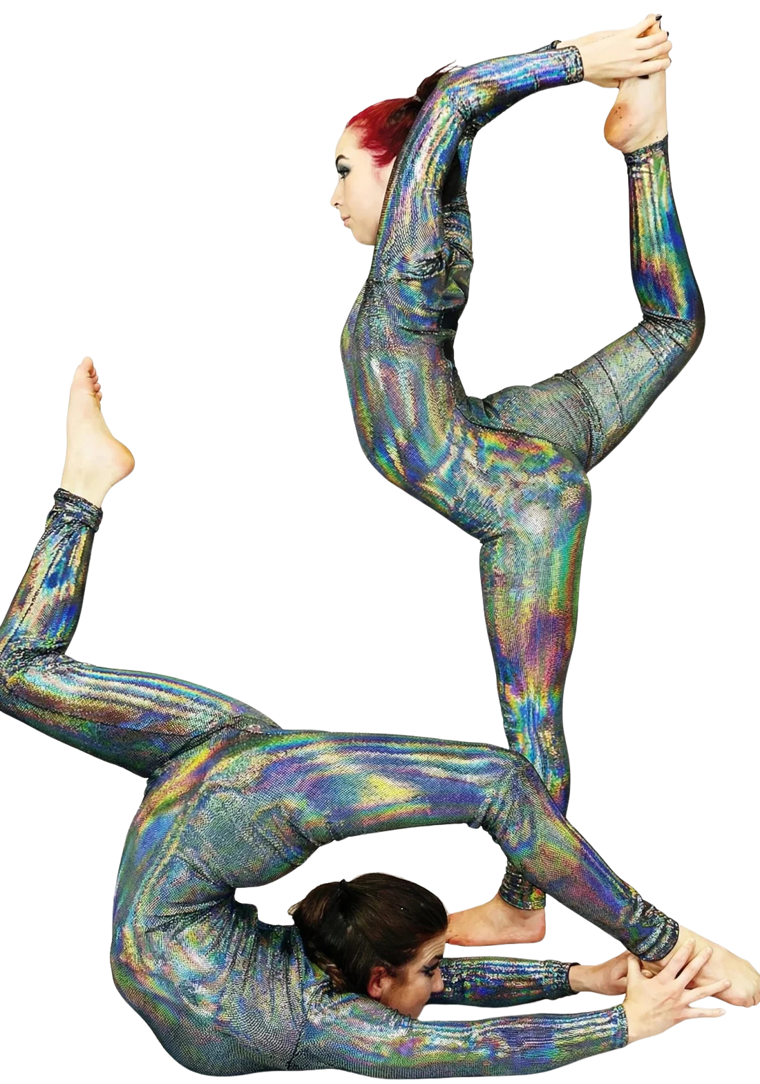 Two performers in Iridescent Black Catsuit Jumpsuits with full sleeves and turtlenecks hold flexible poses against a white background, their shimmering bodysuits gleaming with every move.