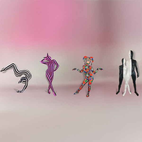Four people in colorful, patterned bodysuits pose against a plain pink and white background.