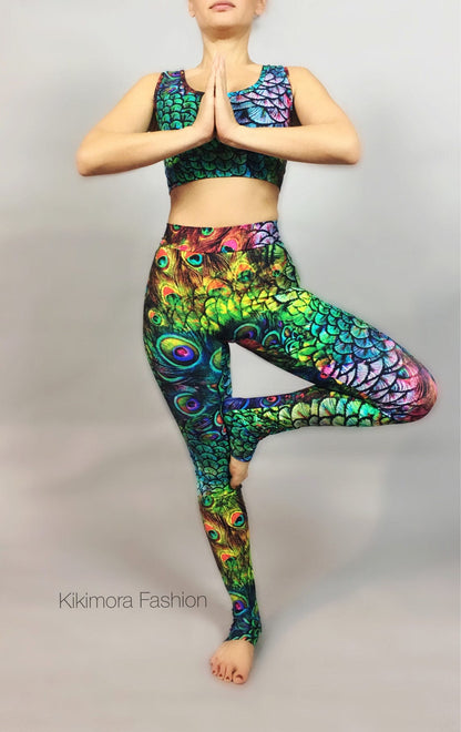 Peacock Leggings and Top, Beautiful Activewear Gymwear, Yoga Fashion, Exotic Dance Wear, Trending Now