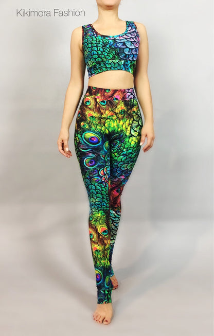 Peacock Leggings and Top, Beautiful Activewear Gymwear, Yoga Fashion, Exotic Dance Wear, Trending Now