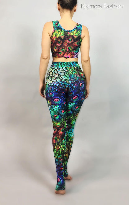 Peacock Leggings and Top, Beautiful Activewear Gymwear, Yoga Fashion, Exotic Dance Wear, Trending Now