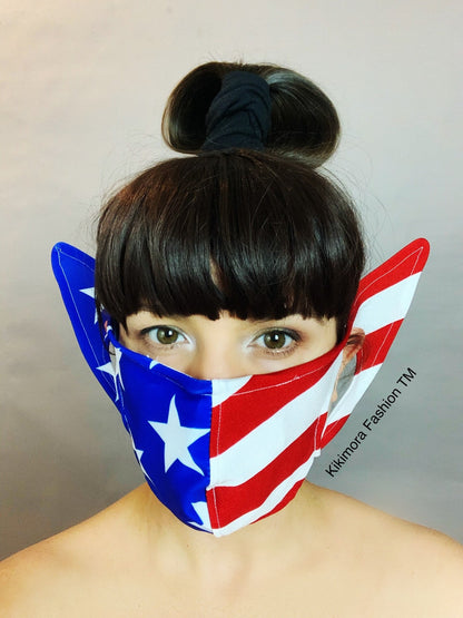 American Flag Face Mask, Elf Ears, Reusable Facemark, With Hepa Filter, Made in USA