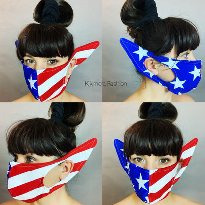 American Flag Face Mask, Elf Ears, Reusable Facemark, With Hepa Filter, Made in USA