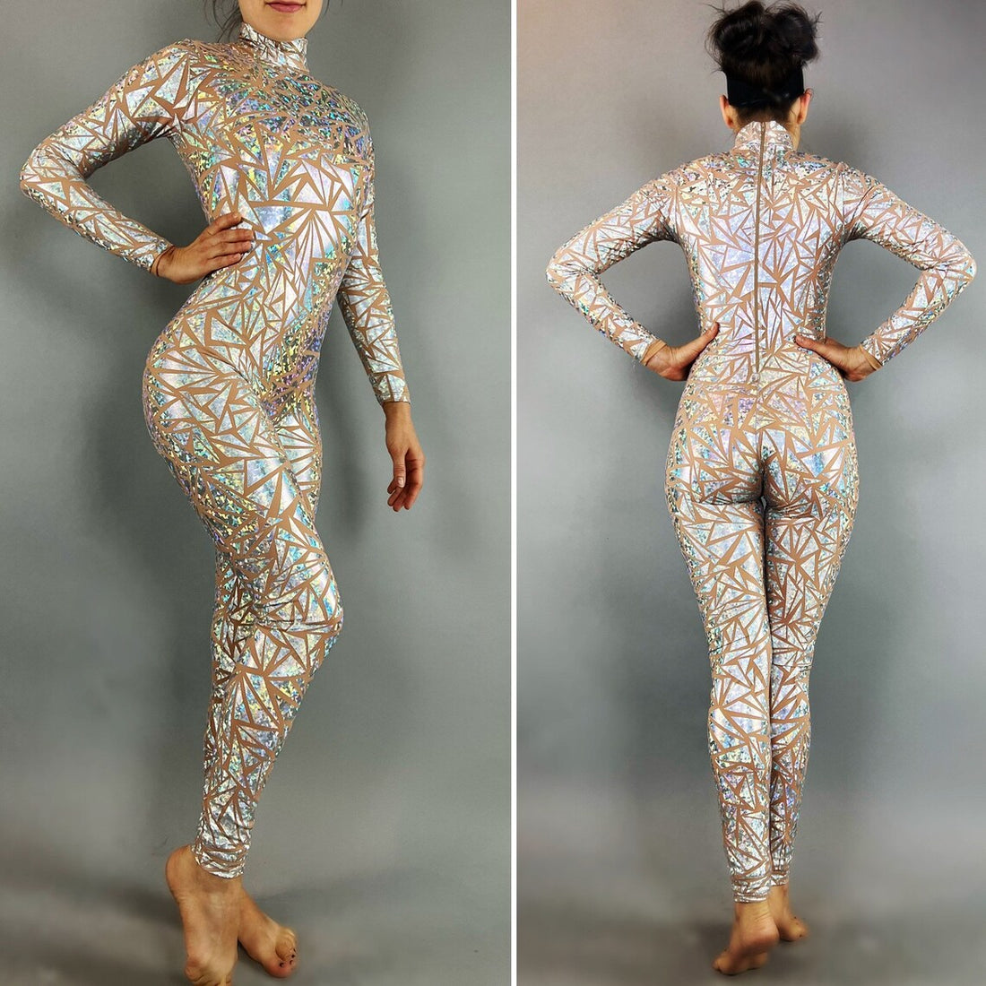 Person modeling a Shiny Showgirl Costume, a contortion-friendly bodysuit with a geometric pattern, shown from front and back, against a neutral gray backdrop.