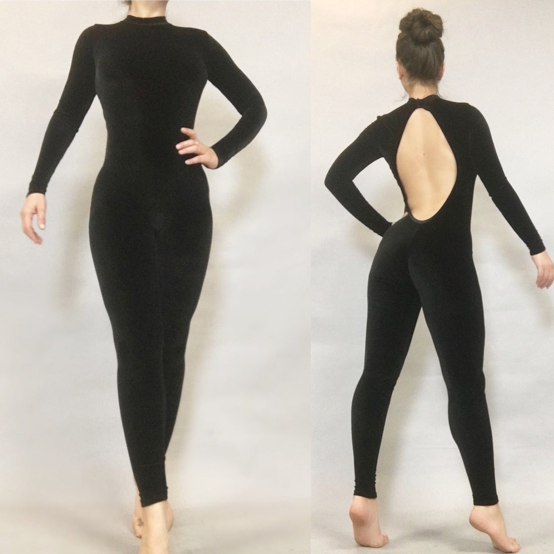 Black Cat Velvet Catsuit, Open Back Full Bodysuit, Full Sleeves Jumpsuit, Scoop Neck