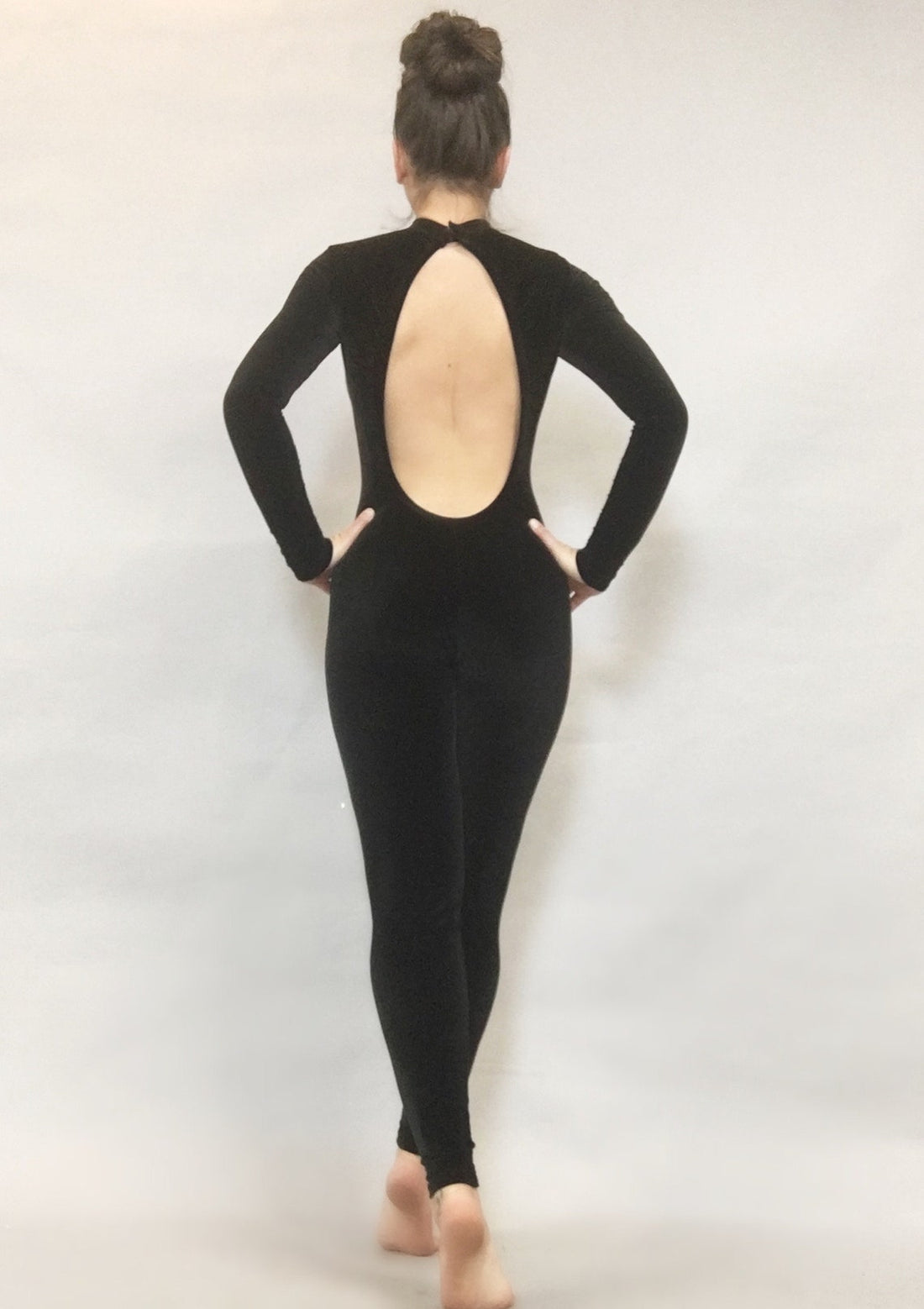 Black Cat Velvet Catsuit, Open Back Full Bodysuit, Full Sleeves Jumpsuit, Scoop Neck