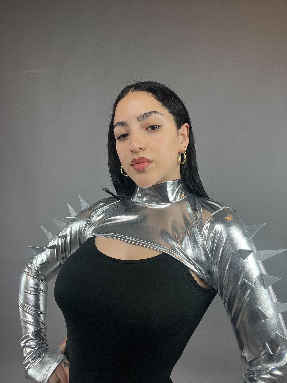 Trending Now, Futuristic Shrug, Exotic Dancewear, Edm Outfit, Futuristic Fashion, Shrug With Spikes, Festival Outfit