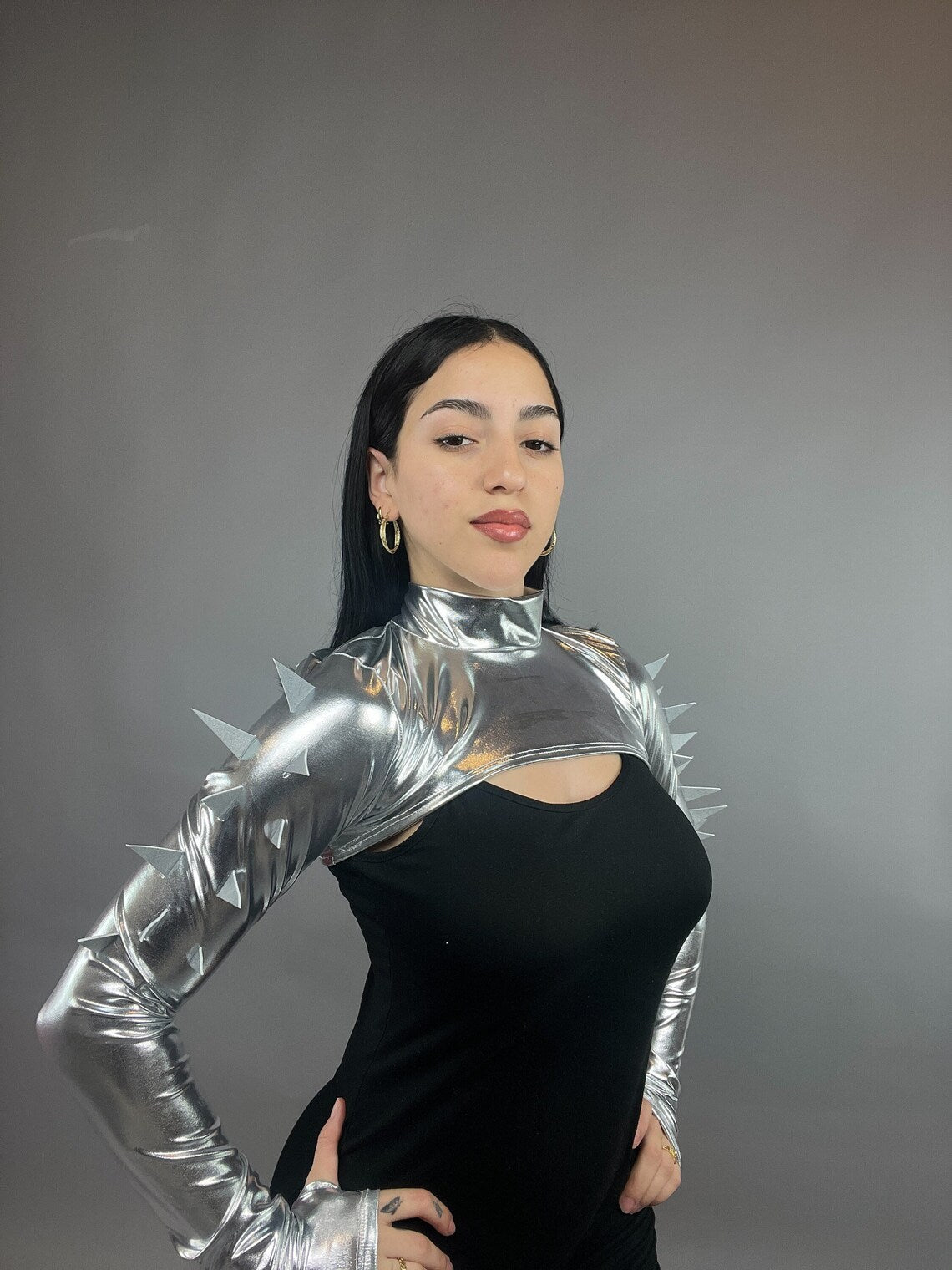 Trending Now, Futuristic Shrug, Exotic Dancewear, Edm Outfit, Futuristic Fashion, Shrug With Spikes, Festival Outfit