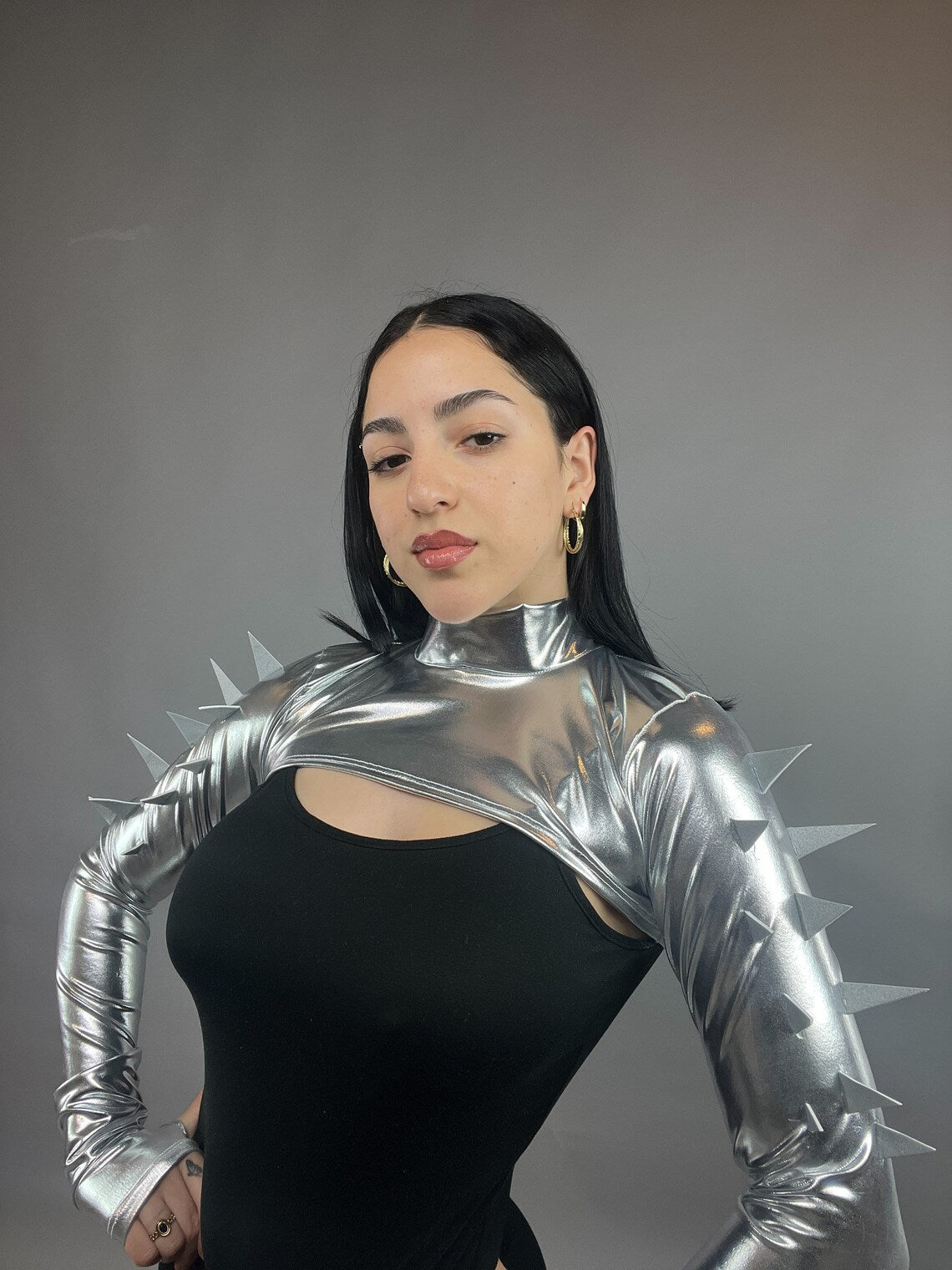 Trending Now, Futuristic Shrug, Exotic Dancewear, Edm Outfit, Futuristic Fashion, Shrug With Spikes, Festival Outfit