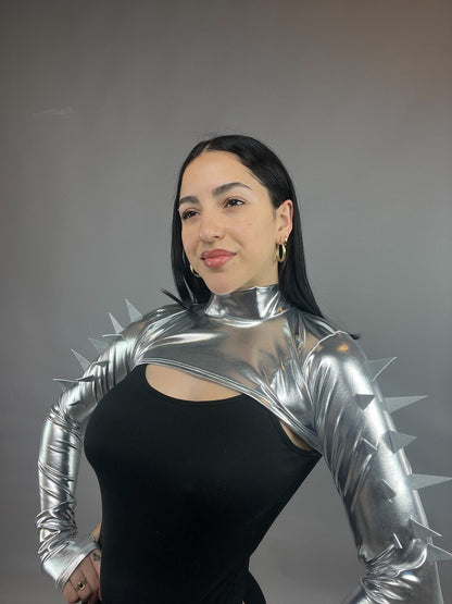 Trending Now, Futuristic Shrug, Exotic Dancewear, Edm Outfit, Futuristic Fashion, Shrug With Spikes, Festival Outfit