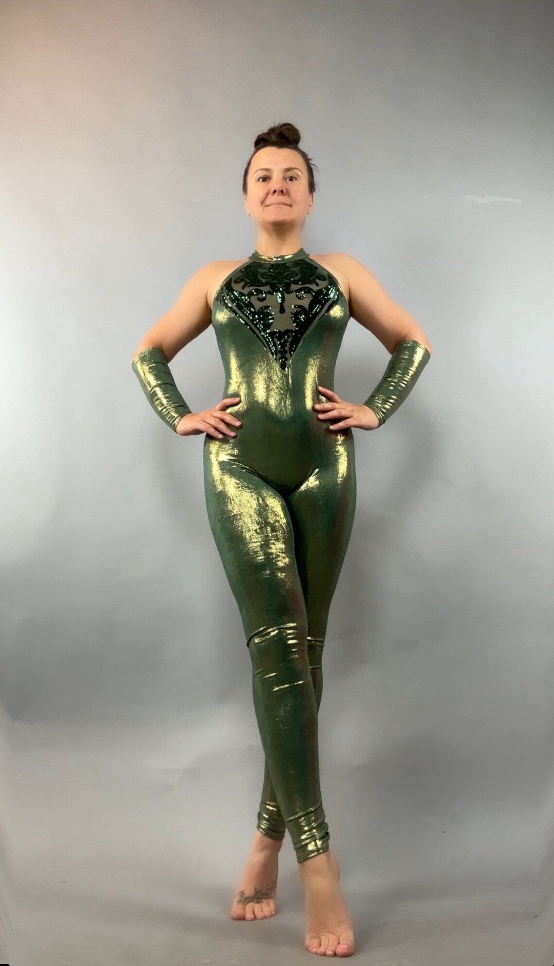 Iridescent Green Sleeveless Catsuit, Gymnastic Costume, Contortion Catsuit , Aerialist Gift, Exotic Dancewear, Custom Leotard, Festival Fashion