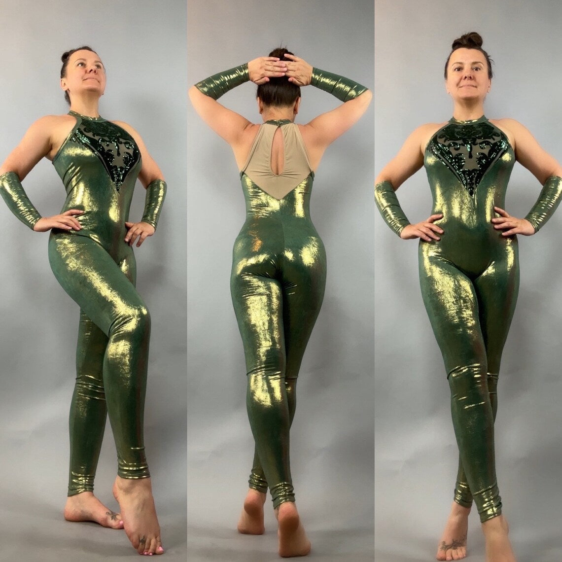 Iridescent Green Sleeveless Catsuit, Gymnastic Costume, Contortion Catsuit , Aerialist Gift, Exotic Dancewear, Custom Leotard, Festival Fashion