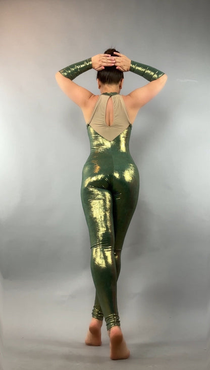 Iridescent Green Sleeveless Catsuit, Gymnastic Costume, Contortion Catsuit , Aerialist Gift, Exotic Dancewear, Custom Leotard, Festival Fashion