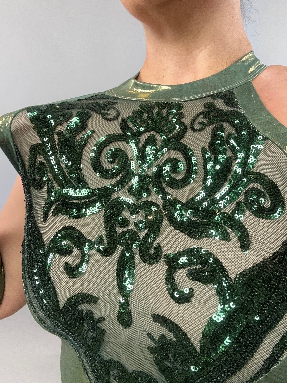 Iridescent Green Sleeveless Catsuit, Gymnastic Costume, Contortion Catsuit , Aerialist Gift, Exotic Dancewear, Custom Leotard, Festival Fashion