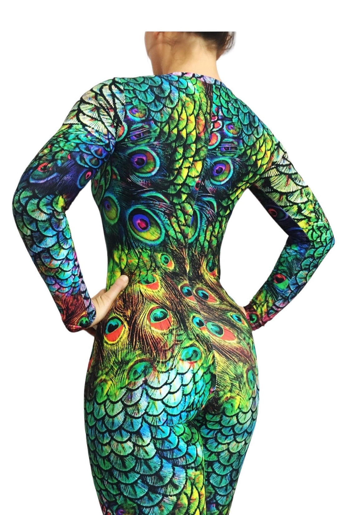 Person in a limited edition Peacock Print Spandex Catsuit, facing away with hands on hips.