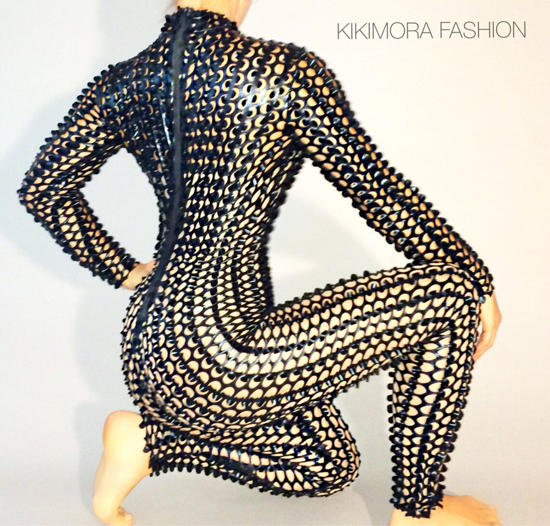 Black Perforated Catsuit, Full Sleeves Unitard, Long Back Zipper, Glossy Metallic Jumpsuit