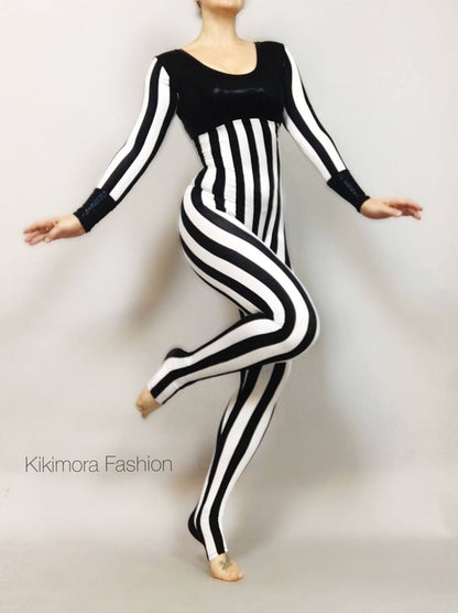 Black and White Striped Jumpsuit, Bodysuit for Women or Men, Beautiful Exotic Dancewear, Circus Outfit