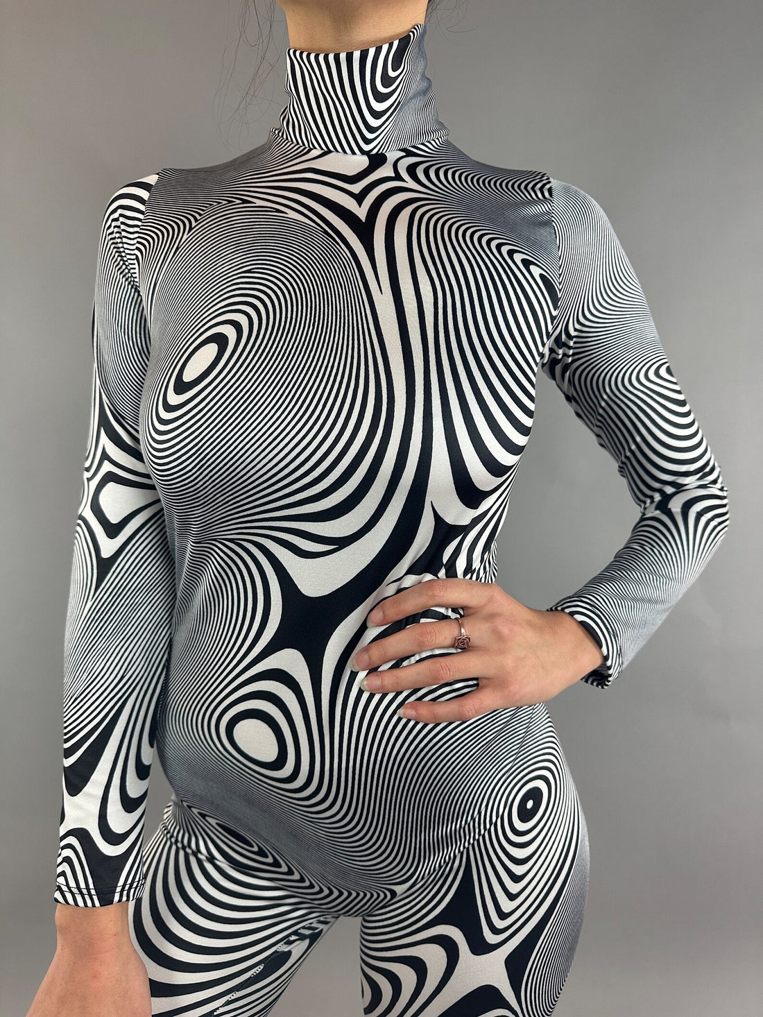 Black and White Asymmetric Print Catsuit, Turtleneck, Full Sleeves Activewear