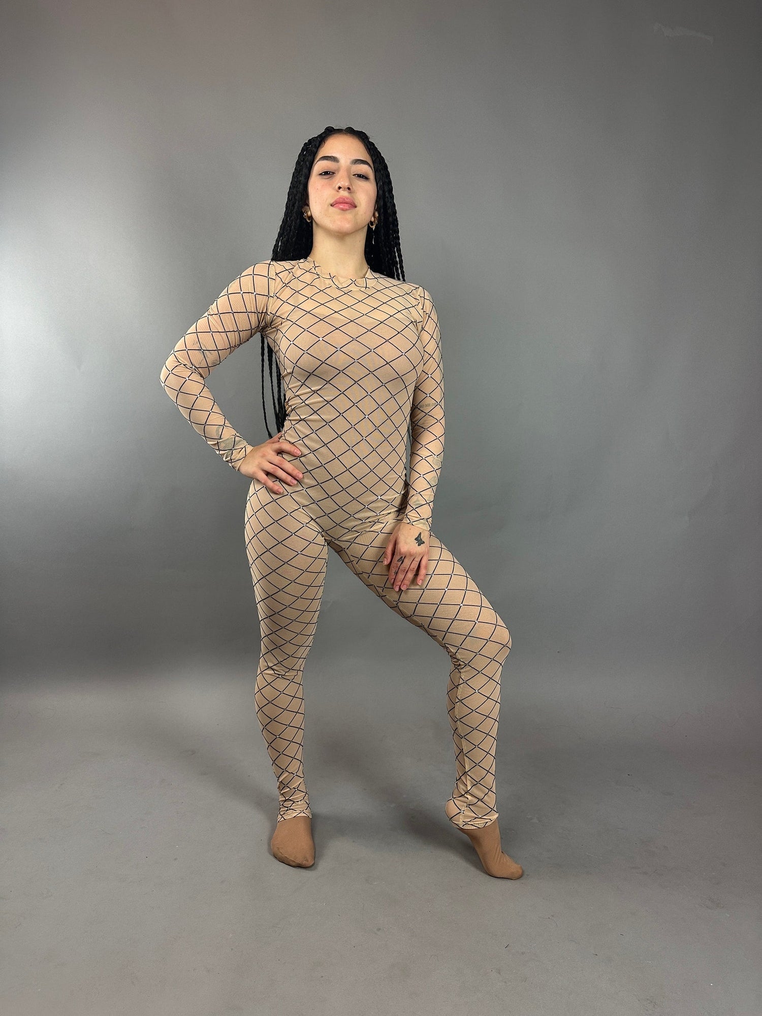 Sheer Bodysuit, Crewneck Catsuit, Full Sleeves Jumpsuit