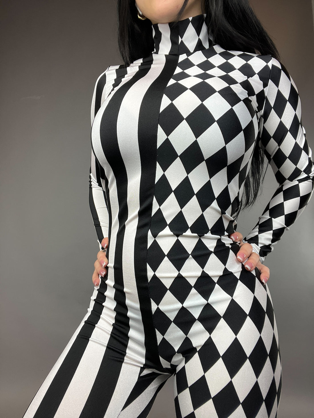 Black and White Split Fabric Catsuit, Stripes and Diamond Jumpsuit, Full Sleeves, Turtleneck