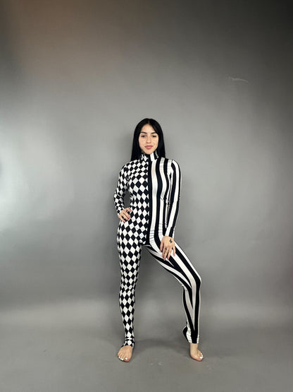 Black and White Split Fabric Catsuit, Elegant Circus Jumpsuit, Exotic Dance Wear, Trending Now, UV Glow Clothing, Gymnastic Bodysuit, Dance Teacher Gift, Stage Wear