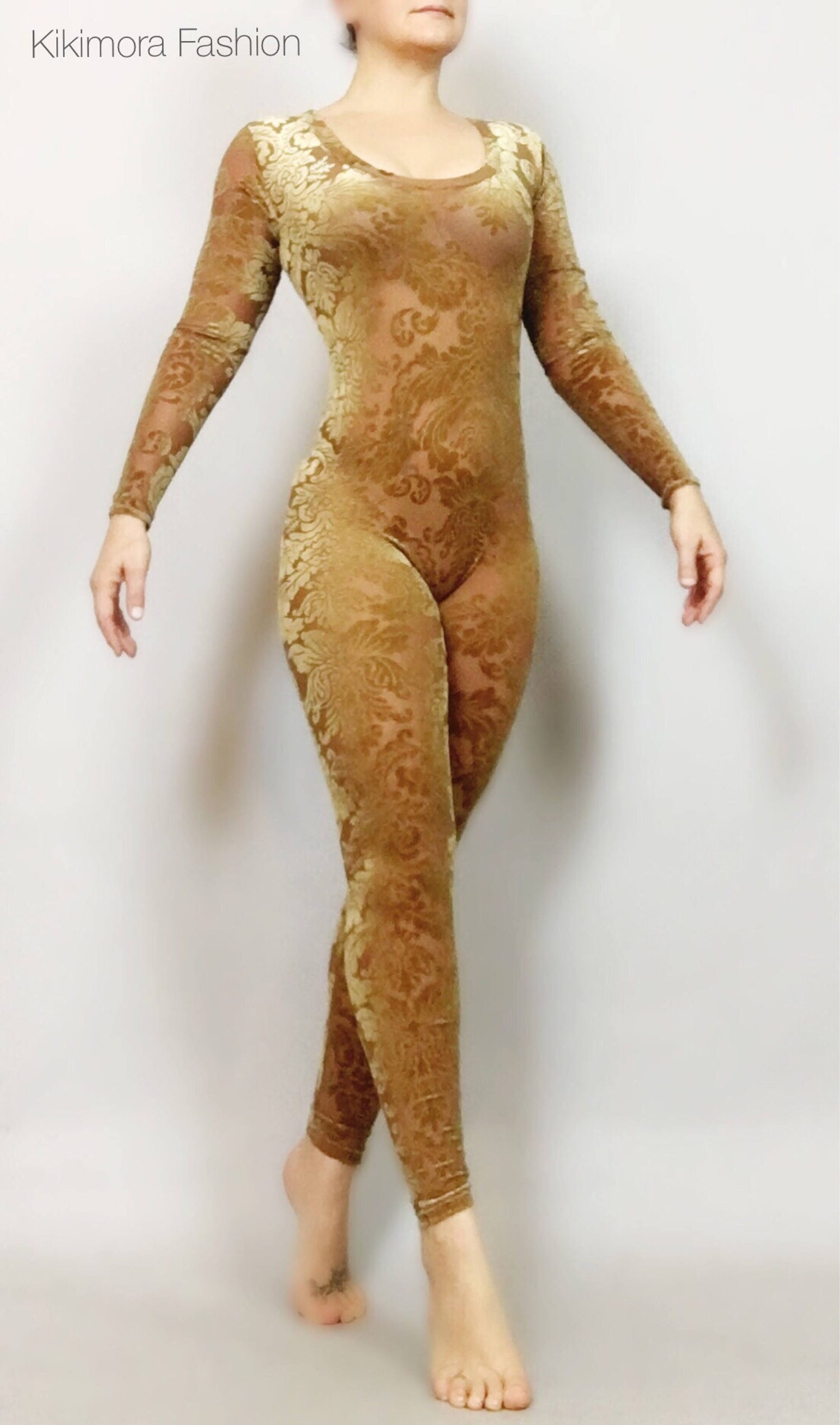 Beige Velvet Catsuit Bodysuit, Full Sleeves, Scoop Neck