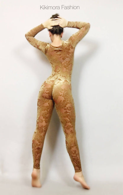 Beige Velvet Catsuit Bodysuit, Full Sleeves, Scoop Neck