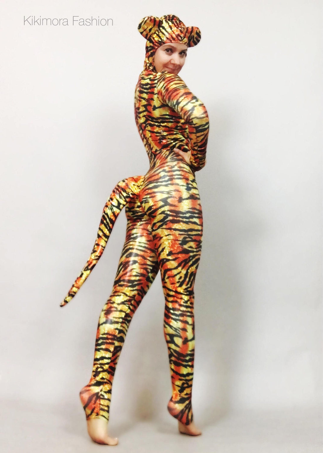 Halloween Costume for Women or Men, Halloween Costume, Cat Headpiece, Cat Tail, Tiger Bodysuit, One Piece Tiger Catsuit