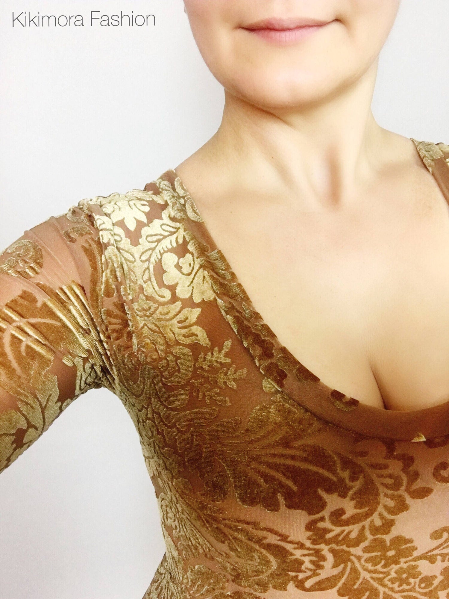 Beige Velvet Catsuit Bodysuit, Full Sleeves, Scoop Neck