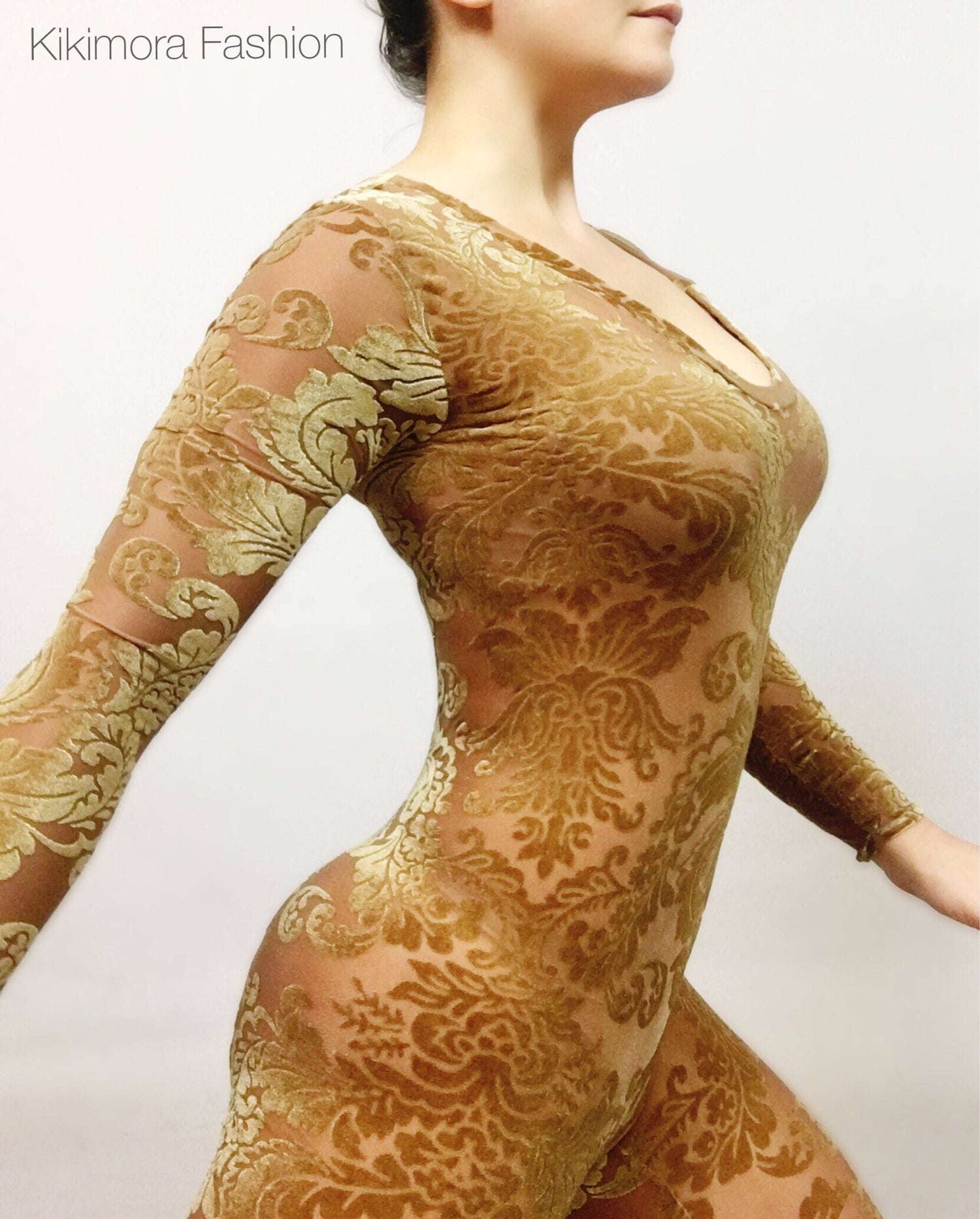 Beige Velvet Catsuit Bodysuit, Full Sleeves, Scoop Neck
