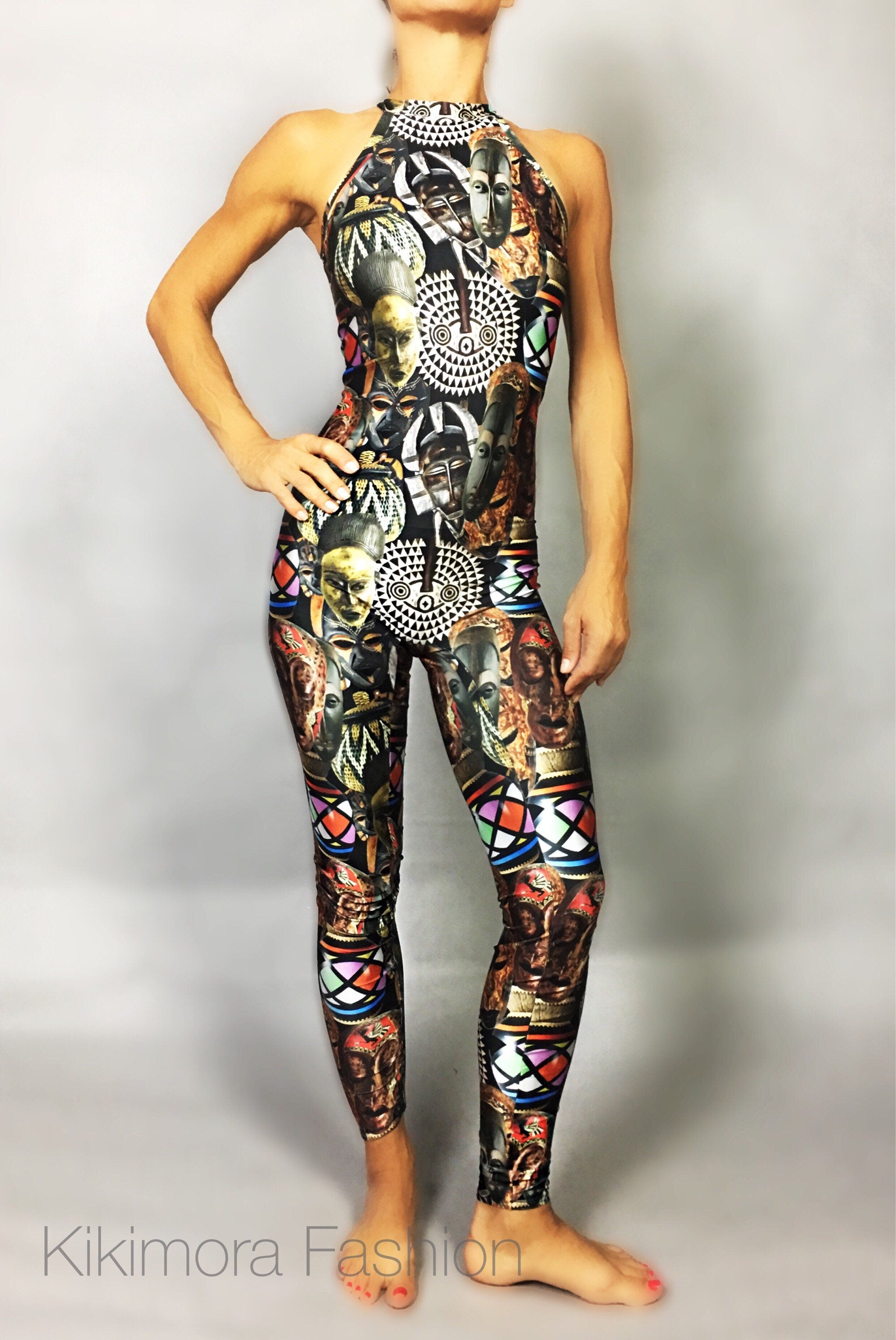 Spandex catsuit, yoga jumpsuit, exotic dance wear, African mask print, Spandex bodysuit for woman, Trending Now.