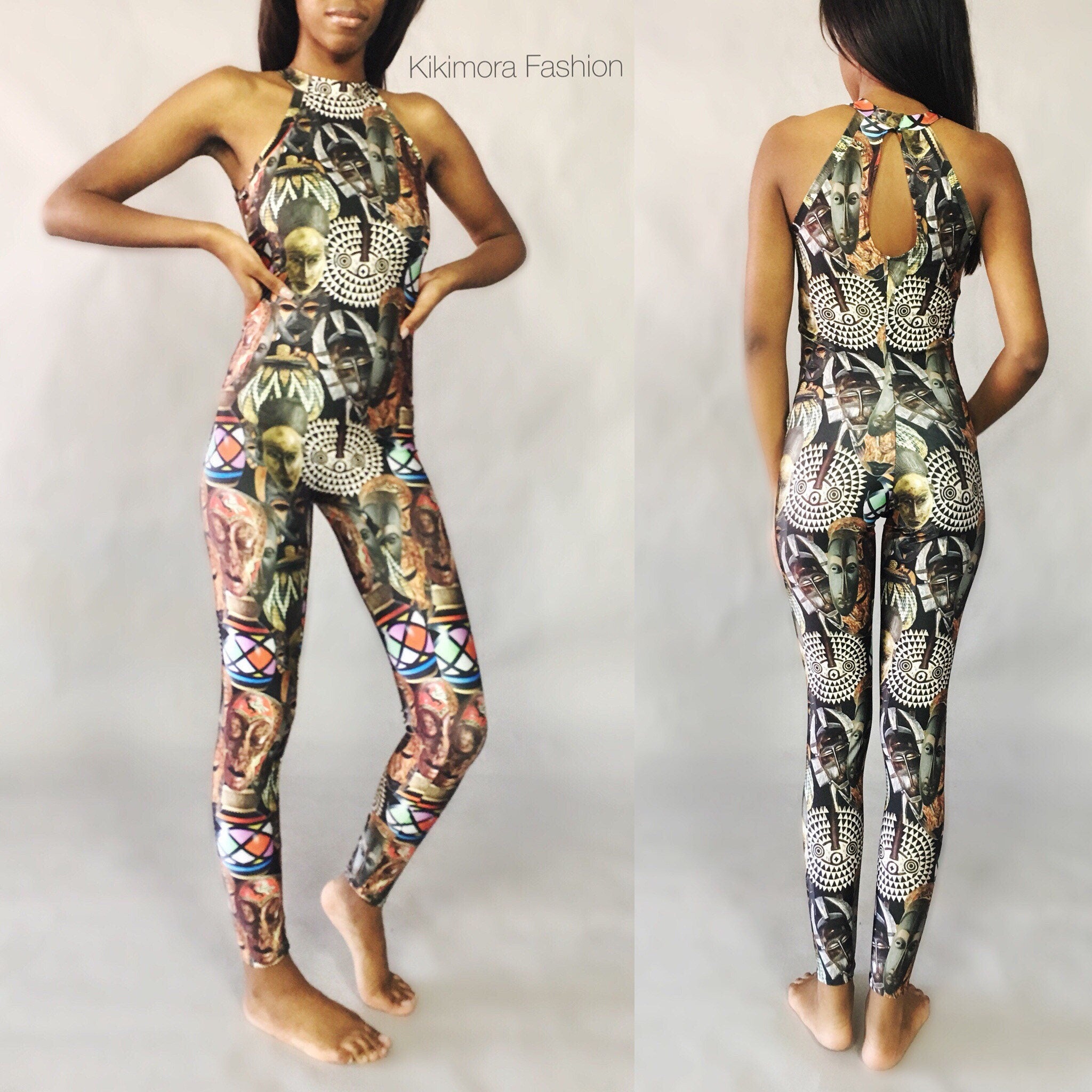 Spandex catsuit, yoga jumpsuit, exotic dance wear, African mask print, Spandex bodysuit for woman, Trending Now.