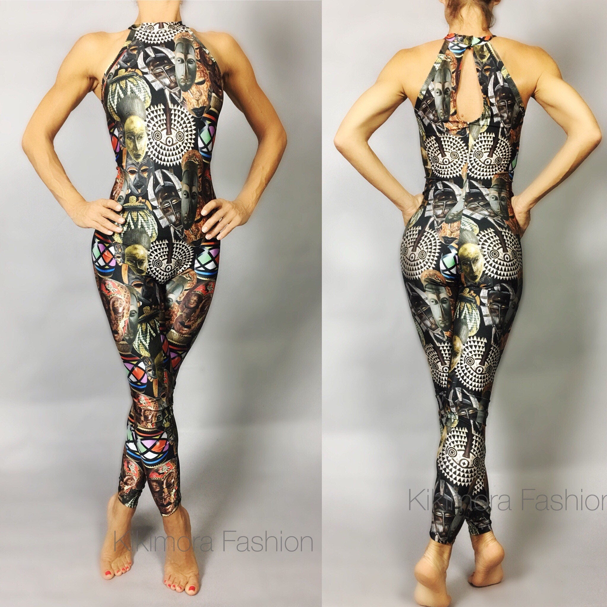 Spandex catsuit, yoga jumpsuit, exotic dance wear, African mask print, Spandex bodysuit for woman, Trending Now.
