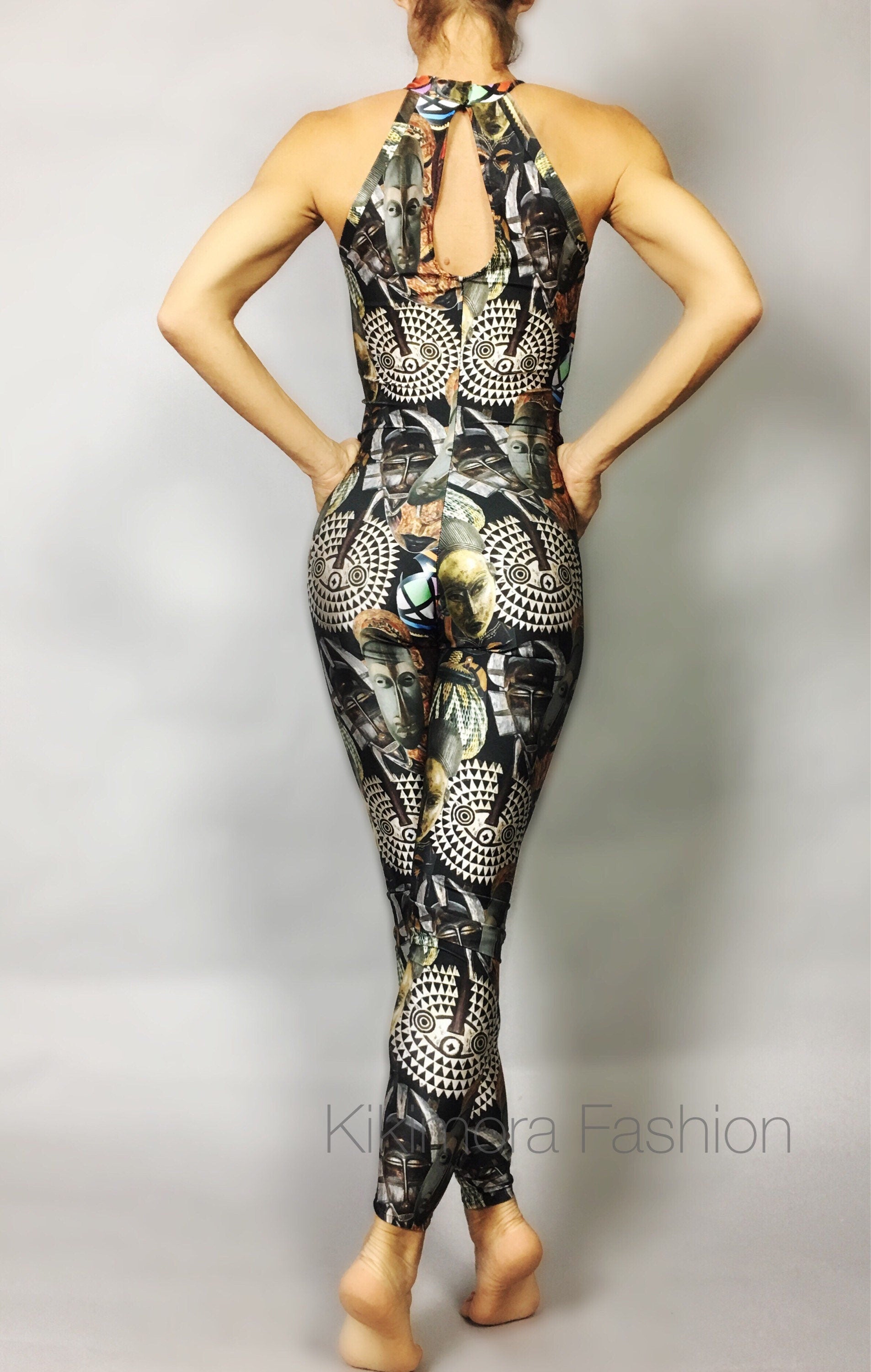 Spandex catsuit, yoga jumpsuit, exotic dance wear, African mask print, Spandex bodysuit for woman, Trending Now.