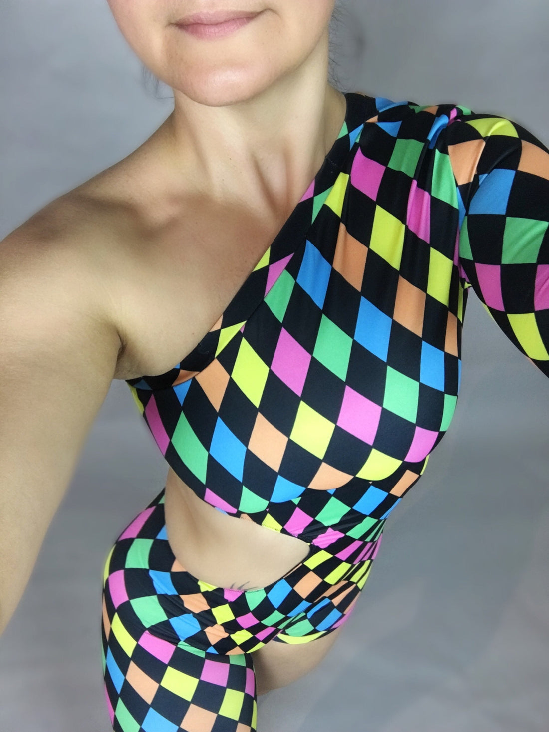 Multicolor Harlequin Catsuit, Spandex Jumpsuit, Asymmetric Design, Cut-outs