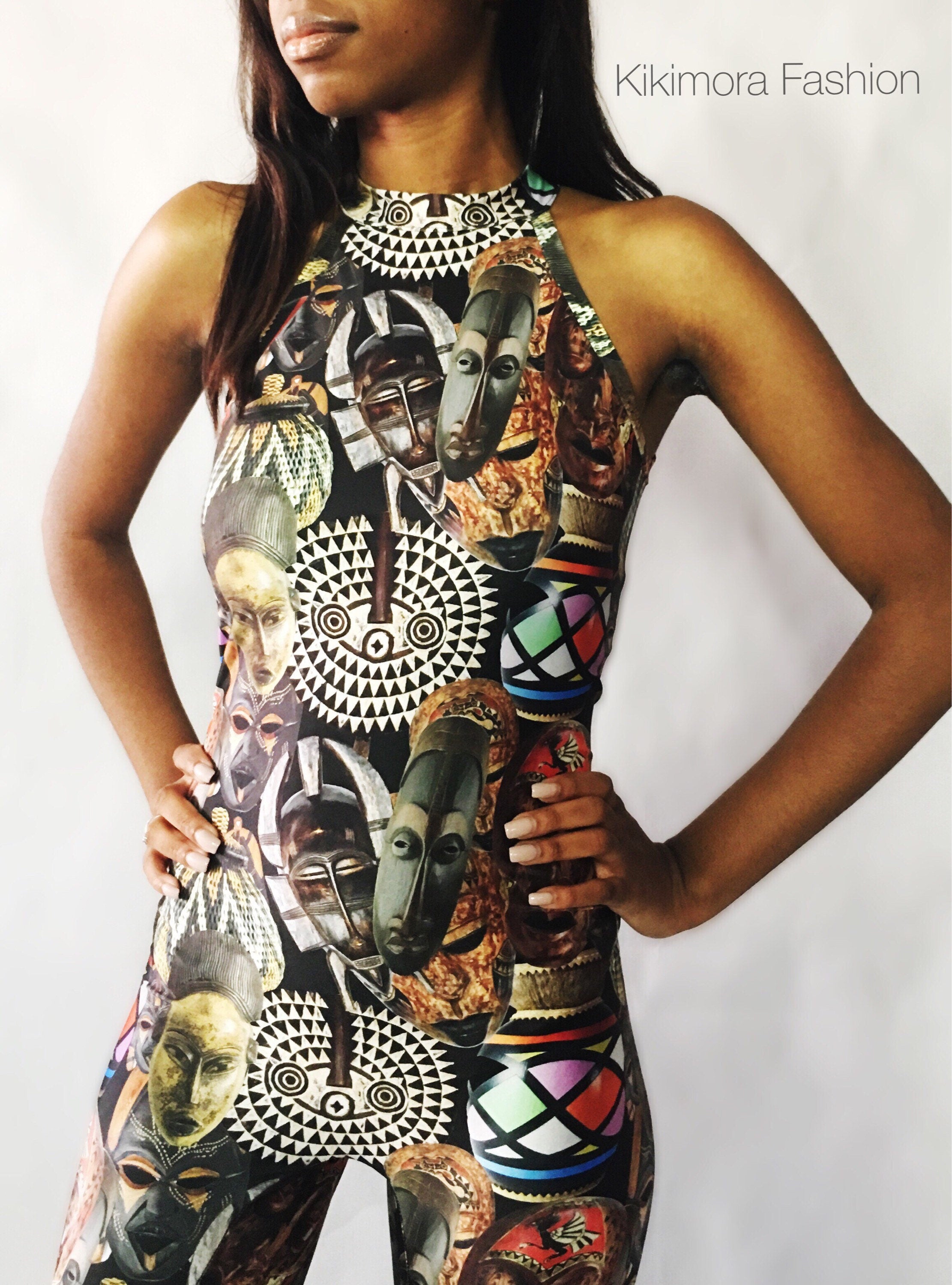 Spandex catsuit, yoga jumpsuit, exotic dance wear, African mask print, Spandex bodysuit for woman, Trending Now.