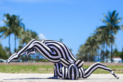 Black &amp; White Striped Catsuit Costume, Headpiece With Cat Ears, Gloves, Socks