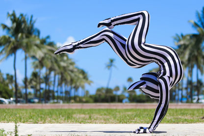 Black &amp; White Striped Catsuit Costume, Headpiece With Cat Ears, Gloves, Socks