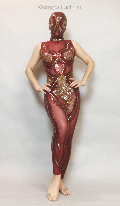 Sequins Catsuit With Mask, Show Girl Costume, Gymnastic Catsuit, Stage Costume, Trending Now