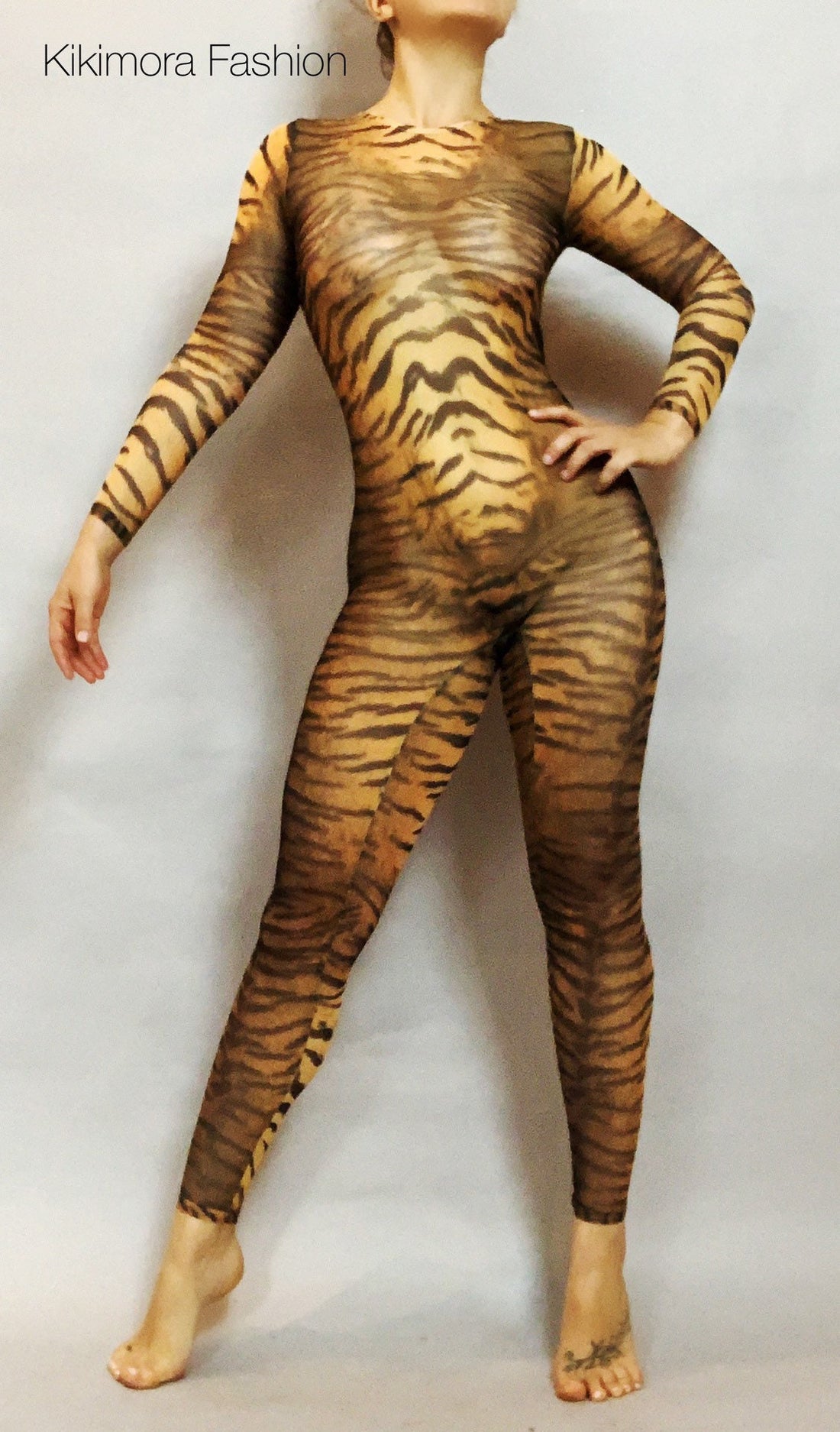 Tiger Print Sheer Catsuit, Power Mesh Bodysuit, Full Sleeves