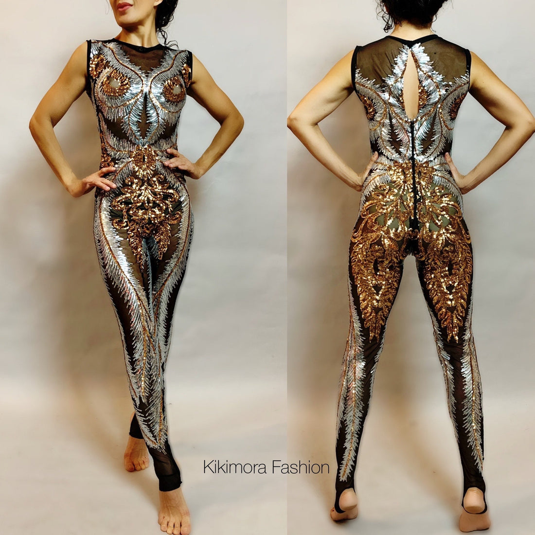 Black, Gold, and Silver Sequin Catsuit, Boat Neck, Sleeveless