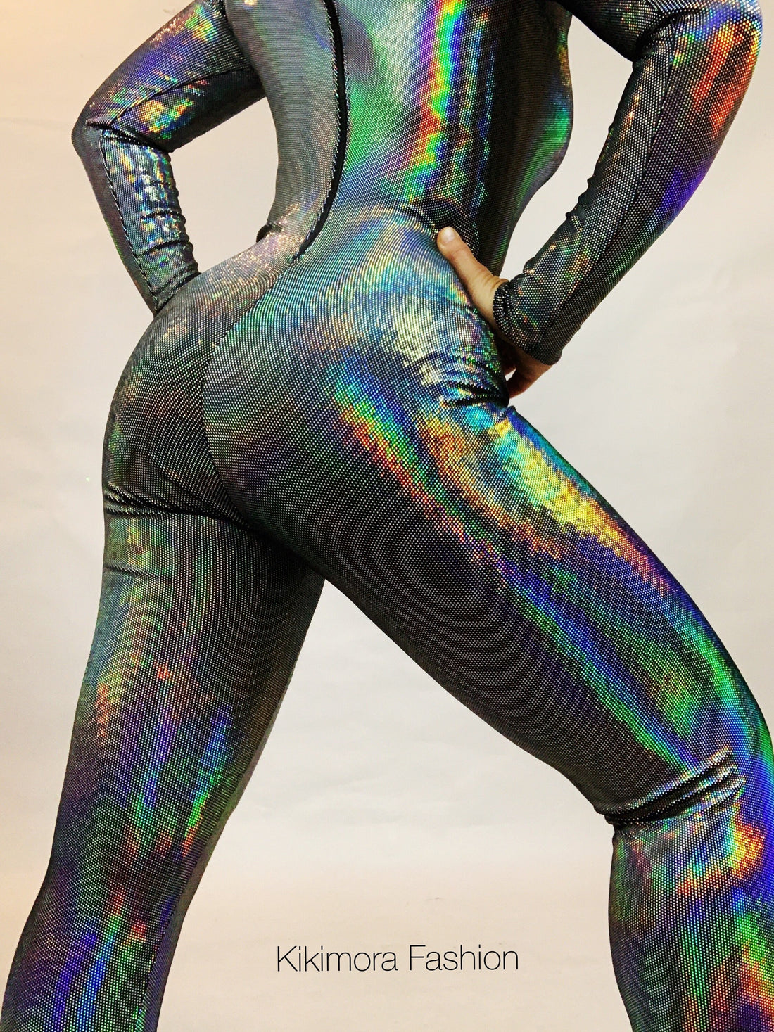 Iridescent Black Catsuit Jumpsuit, Full Sleeves, Turtleneck