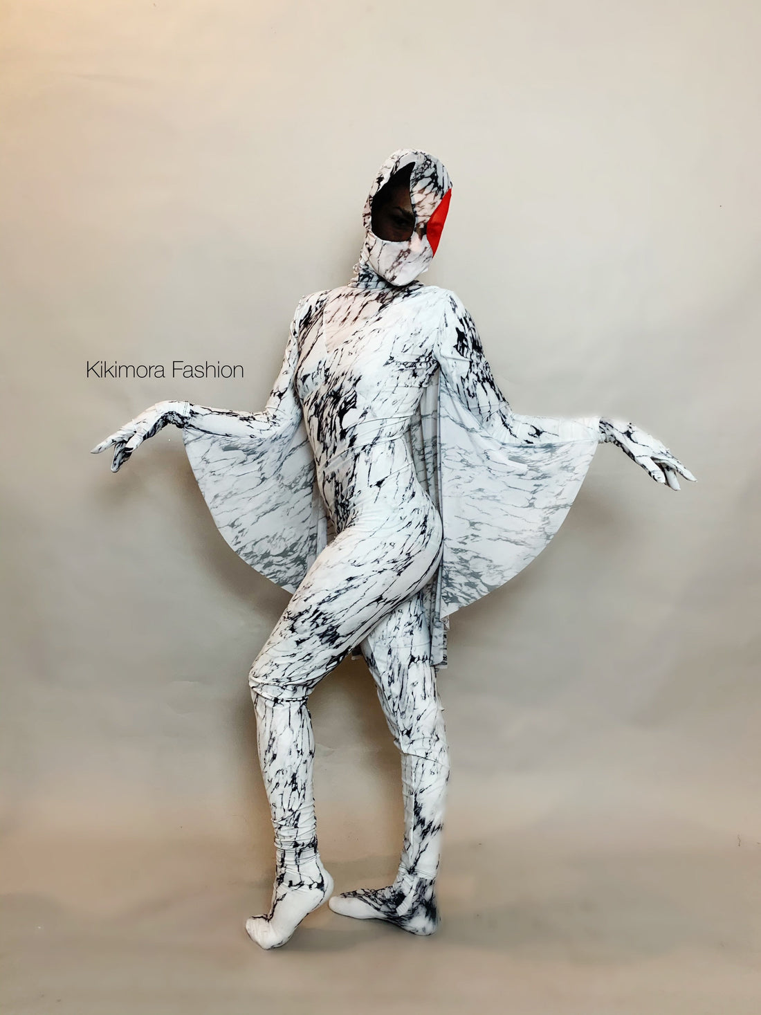 Marble Moth Costume, Black and White Full Body Catsuit, Wings, Face Mask, Gloves, Socks