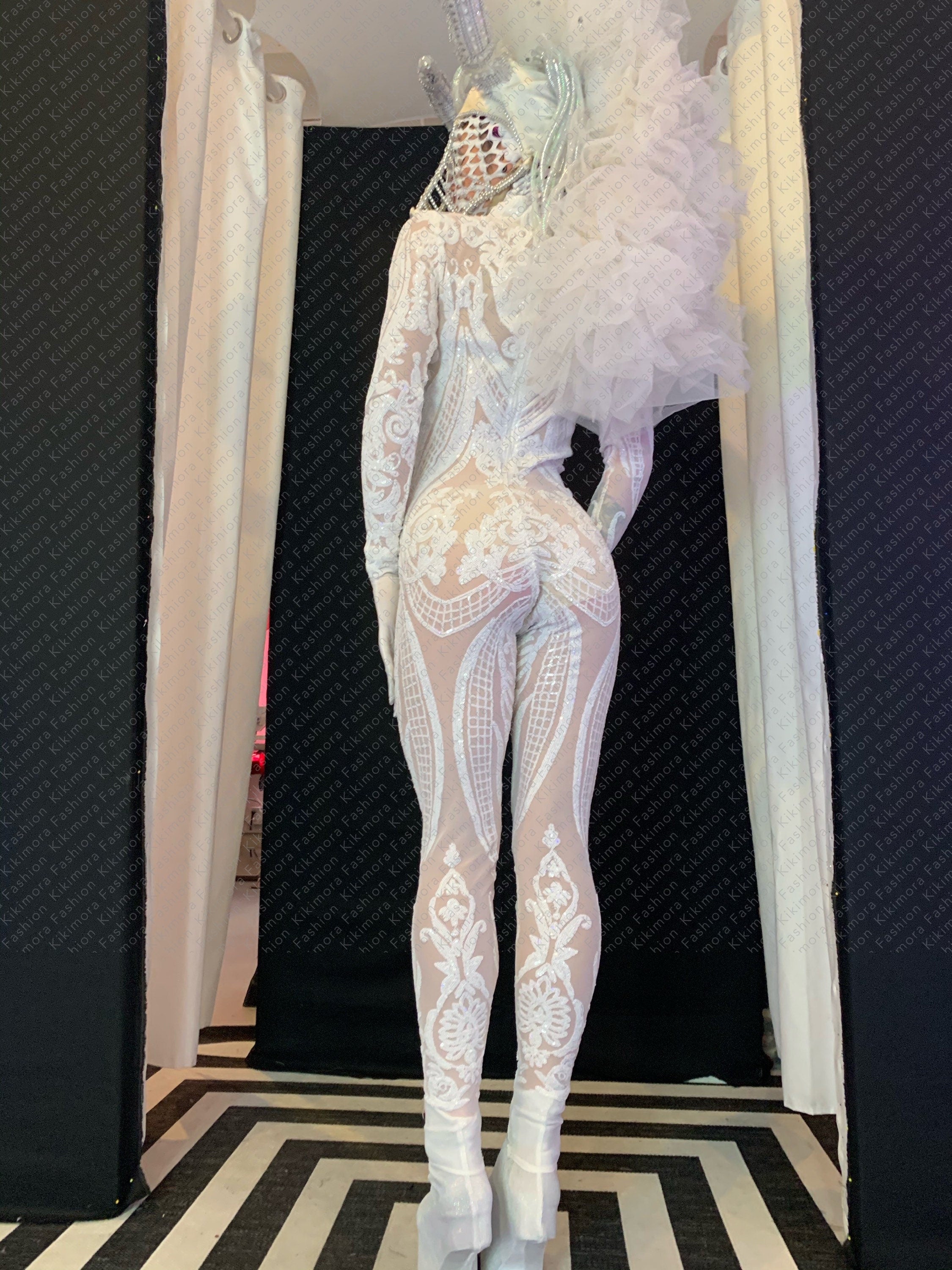 White Floral Catsuit, Turtleneck, Full Sleeves